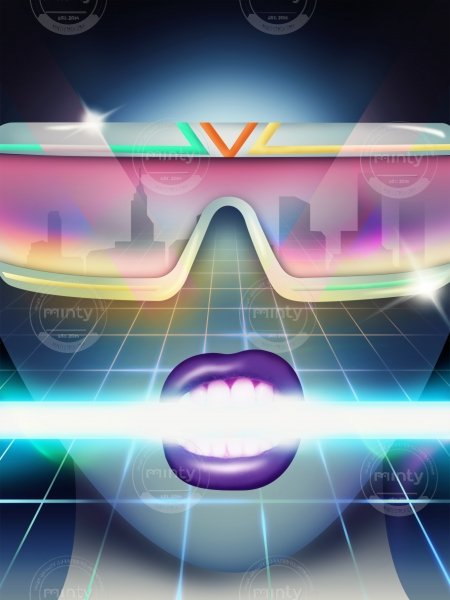 Women face in sunglasses in neon lights