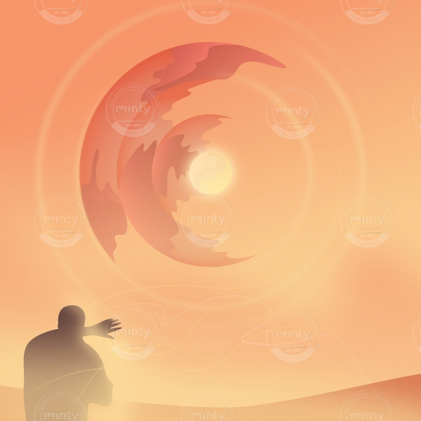 Man silhouette standing in front of abstract sun