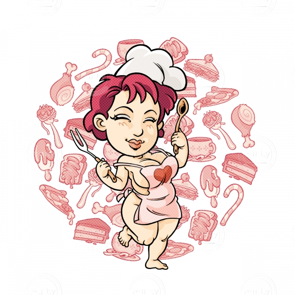 Chef dressed chubby girl with food background