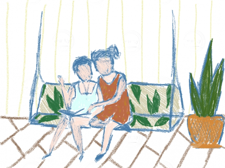 Two women on swinging bench