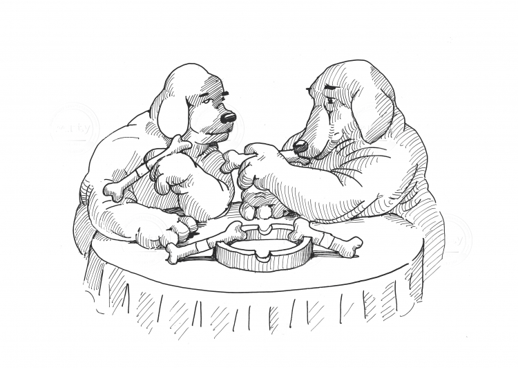 Two dogs smoking a bone