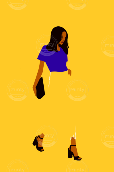 Milennial ethnic stylish woman walking with a purse on yellow background