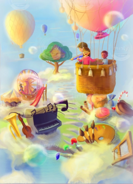 Children in a dreamy fairy land in a balloon