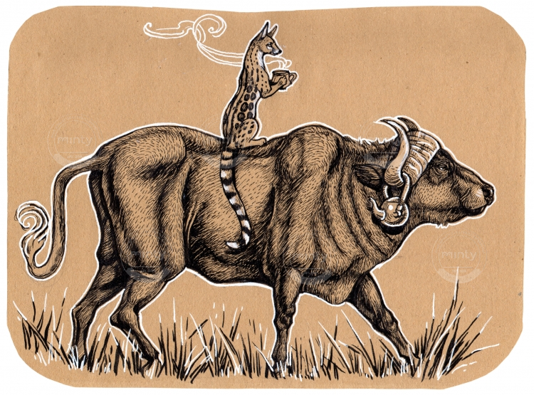 A Genet riding a Waterbuffalo while having a cup of tea. 