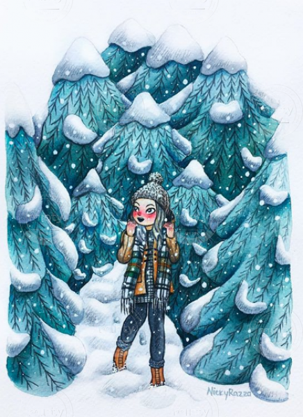 Girl walks in a winter forrest