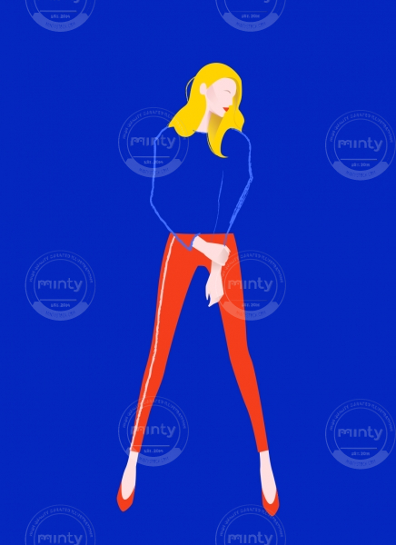 A shy woman with red lips standing on blue background 