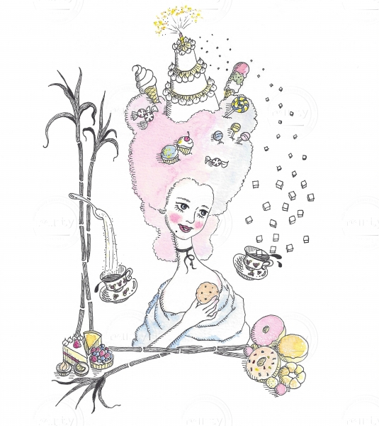 Woman with cotton candy hair with sweets holding a cookie.