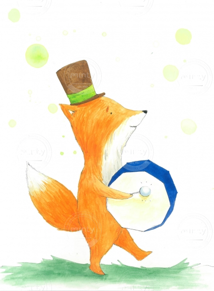 _Fox with drum, akvarel, kresba, A3, 2016