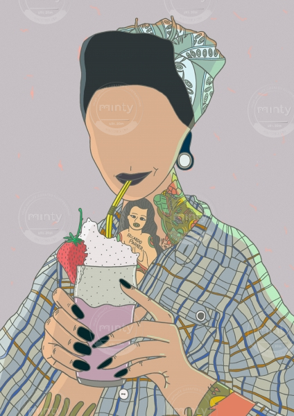 Faceless pin-up girl drinking milkshake