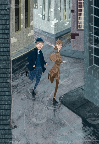 Sherlock Holmes and Doctor Watson running down the streets of London