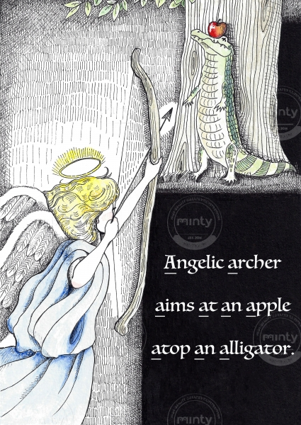 Angelic archer aims at an apple atop an alligator