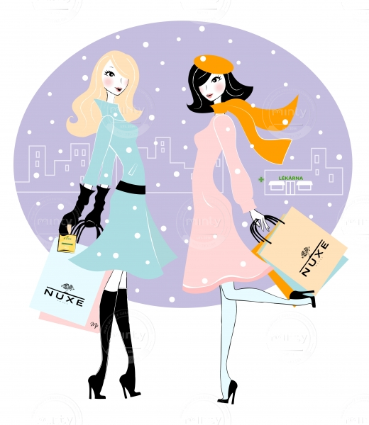 Two young women with shopping bags talking on the street