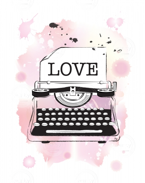 Vintage typewriter with pink watercolour background