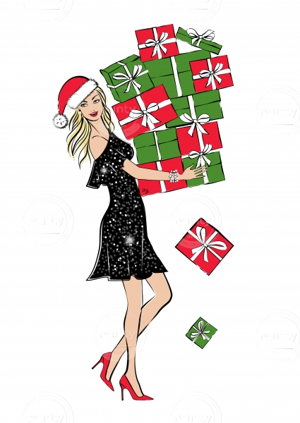 Young happy woman with hands full of Christmas gifts