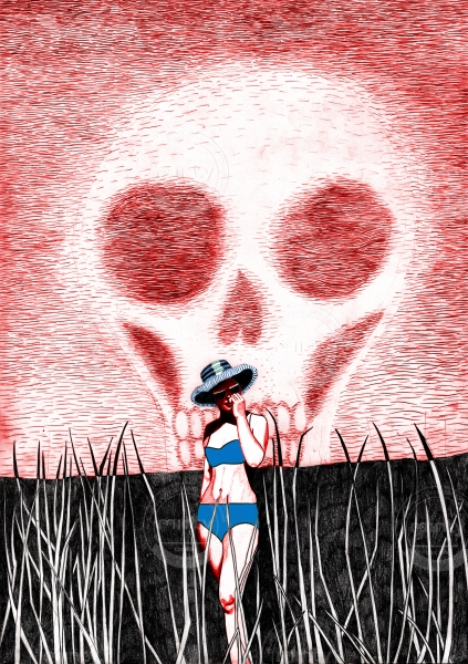 A woman is standing in the sun with a sunhat and a bikini. The sky is has formed a skeleton.