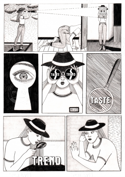 A narrative comic story about a girl, spying on Trends. Commissioned by MilkX Hong Kong