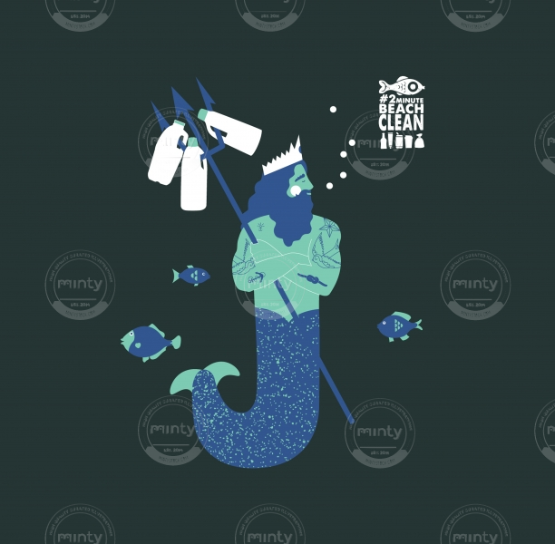 Good Merman: An illustration for #2minutebeachclean showing a merman picking up plastic rubbish with his trident