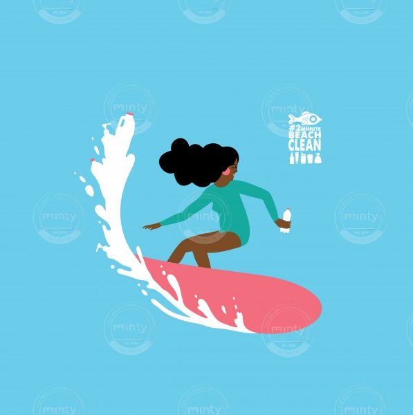 RUBBISH SURF: An illustration for #2minutebeachclean showing a woman surfing a wave full of plastic rubbish