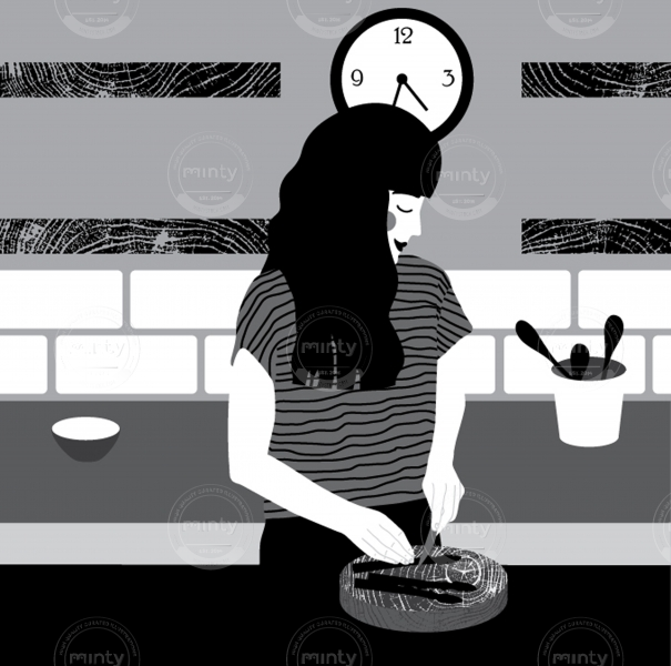 DINNER TIME: Black and white illustration of a lady making dinner