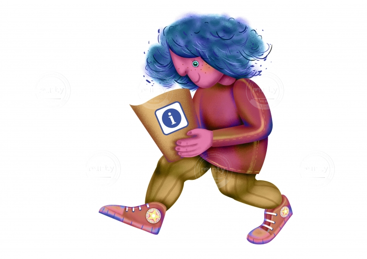 Blue hair character walking, holding a information sheet