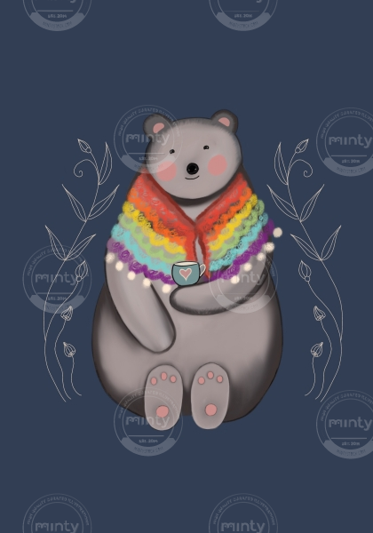 Bear wearing a rainbow shawl holding a tea cup