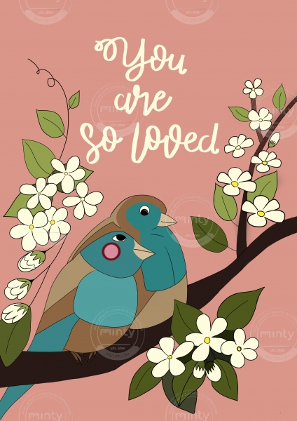 Two lovebirds sitting on a branch with blossom