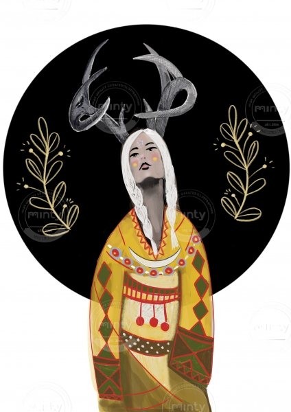 Women with antlers in front of a black full moon