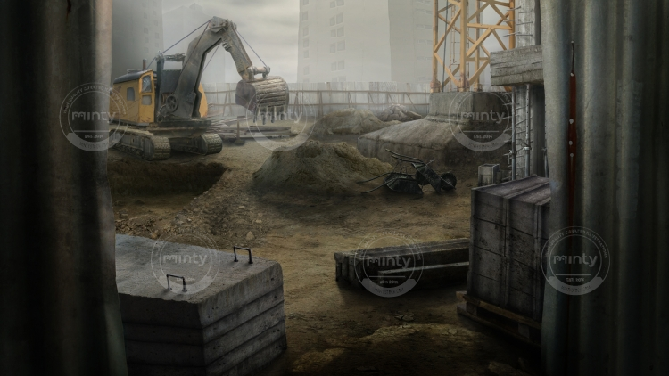 Construction site with the excavator and concrete materials