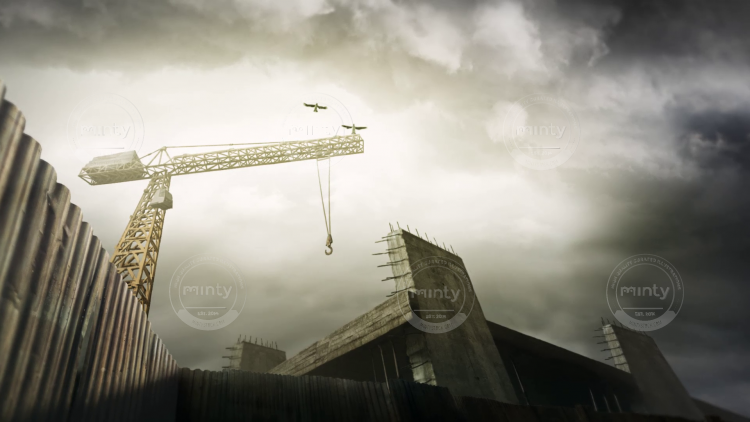 Crane on the dark construction site with two ravens flying around