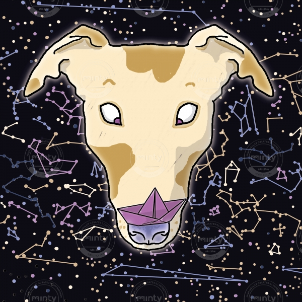 Constellation of the dog - funny space greyhound with spots holding a paper boat on its nose