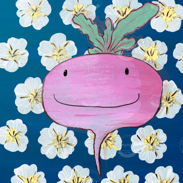 You're so rad(ish)! Happy radish children illustration of a smiling vegetable on blue background