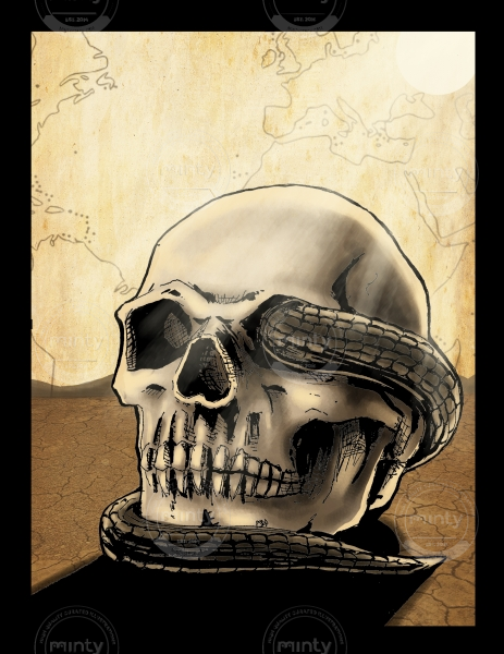 Snake wrapped around desert skull.