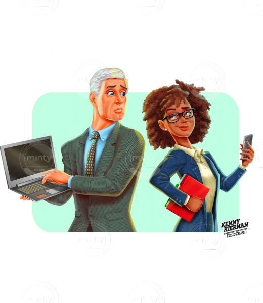 Old white guy and young black woman, iphone vs. laptop editorial illustration