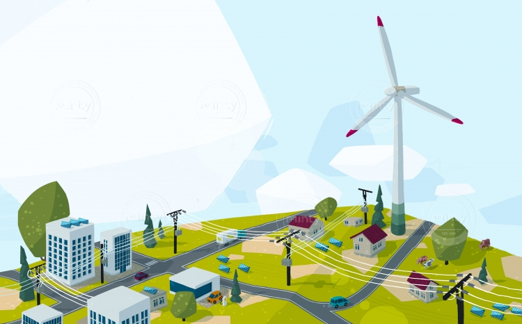 Polygonal modern landscape with a power grid for renewable energy