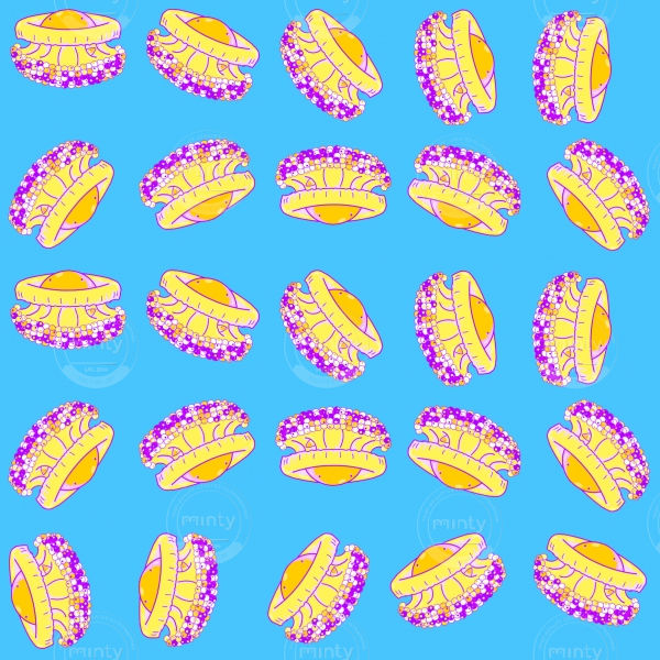 Cothyloriza Tubercolata or fried egg jellyfish pattern illustration with a colorful neon colored mediterranean jellyfish in yellow orange and purple on a neon blue background