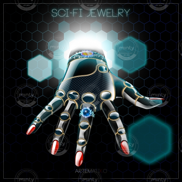 SHI-FI JEWELRY (pleaThe future of Jewelry Could it be an advertisement from the future? The concept for add of futuristic jewels. The robotic hand gets over the time gate from the future to our present.