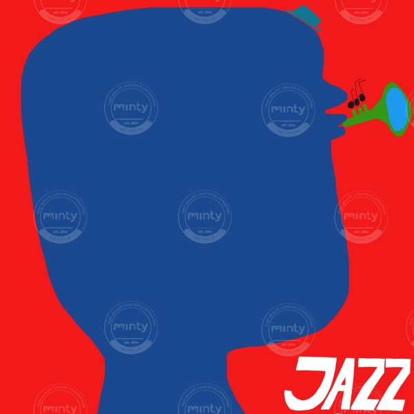 Jazz player with a big head playing on a little trumpet.