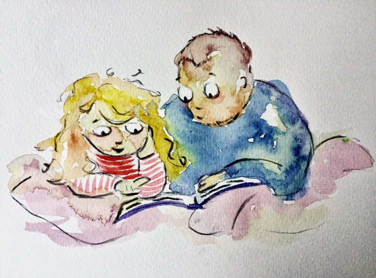 Girl and father reading bedtime story on bed