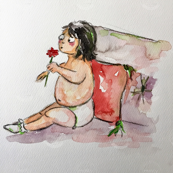 Child sitting on sofa smelling flower