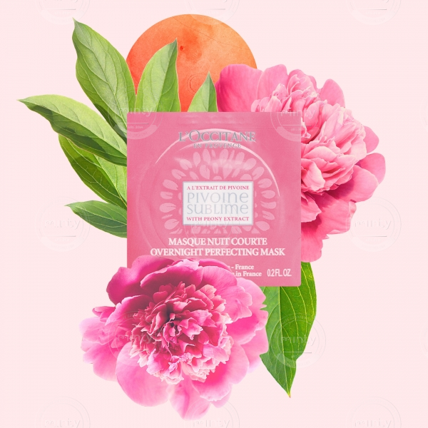 Collage style illustration done for French cosmetics brand l'Occitane, for a face mask with peonies extract.