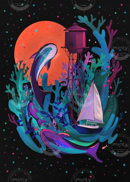 Abstract sea with water tower, fish whale, sea in space and sailing boat