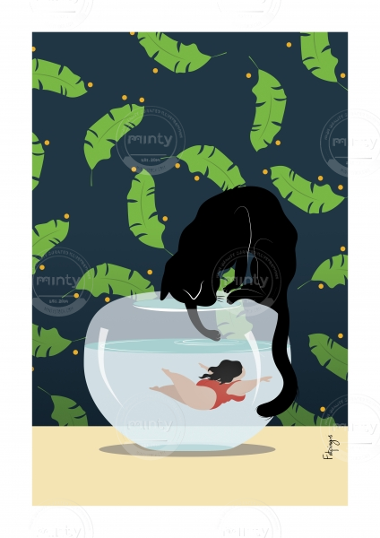 Woman swimming in fishbowl with cat