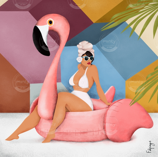 Fashionable woman sitting on an inflatable flamingo by the pool