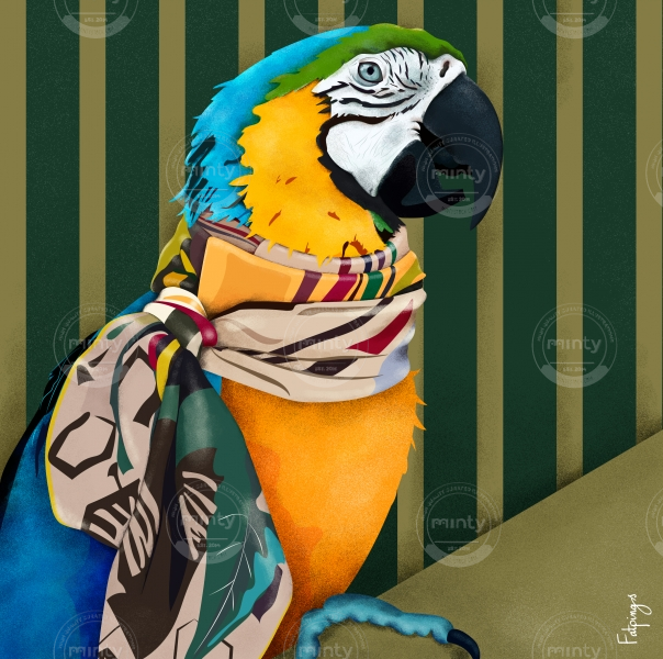 parrot wearing a silk scarf