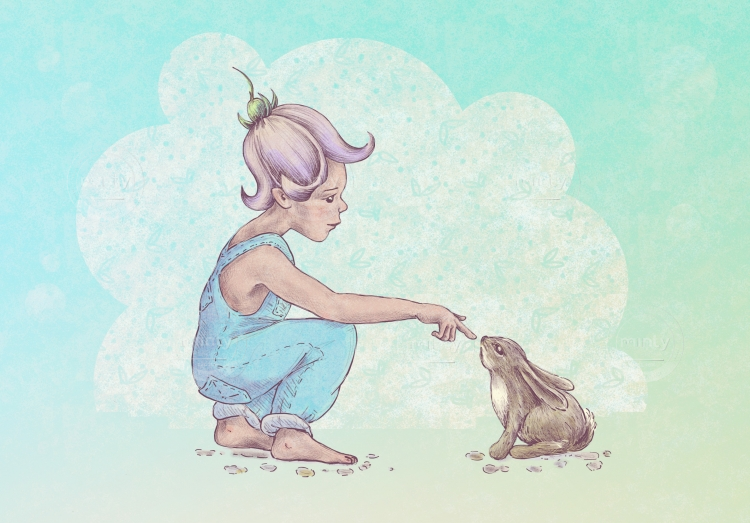 Fairy boy welcomes rabbit into spring