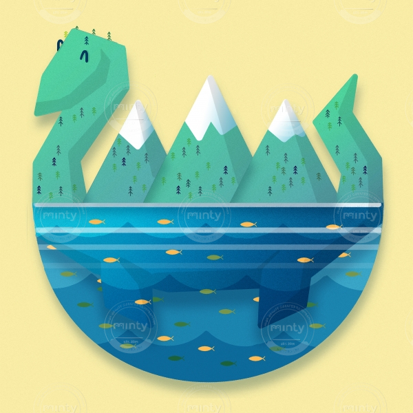 Friendly cute lochness monster swimming in lake having snowy mountain tops as scales