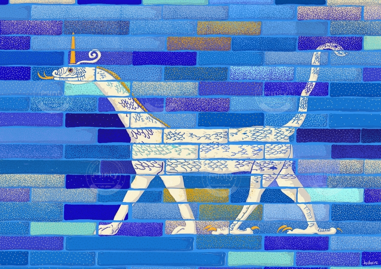 Ancient mosaic with the representation of a mushushu, a mythological snake dragon from the Gates of Ishtar from Mesopothamia in Pergamon Museum on blue background