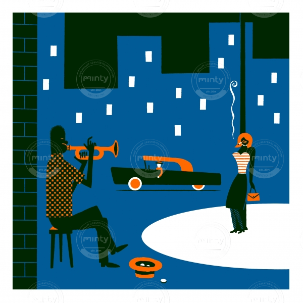 Man playing trumpet in the street for a woman