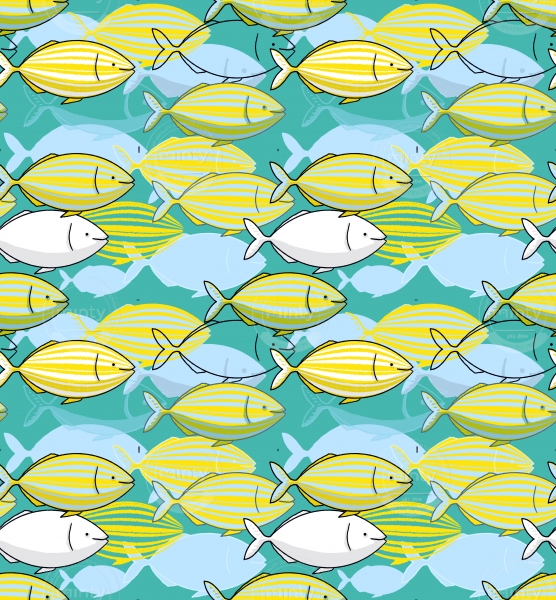 Dreamfish school of yellow salpa salpa fishes illustration pattern featuring some Mediterranean fishes on a mint background 