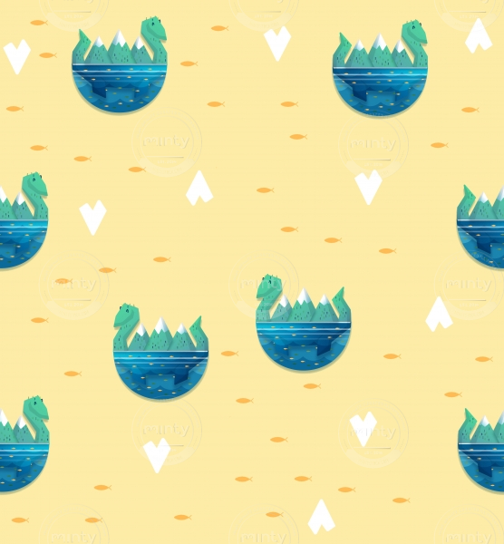 Cute friendly kawaii little nessie monster pattern with orange goldfishes on yellow background